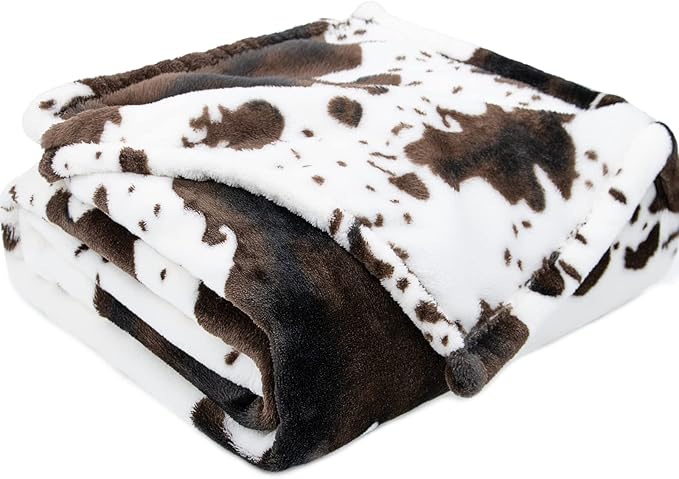 Cow Print Blanket Lightweight Ultra Soft Plush Fleece Throw - Cozy Warm Farmhouse Decor, Brown & White Fuzzy Blanket for All Seasons, Birthday Gifts for Teenage Girls Boys Women 50x60 Inch
