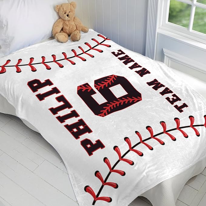 Personalized Baseball Blankets with Name Numbers, Custom Baseball Team Game Throw Flannel Blankets Stuff Gifts for Boys Sports Lover Fans Kids Adult