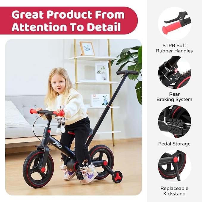 JMMD Toddler Bike with Push Handle for Kids 18-60 Months, 6 in 1 Foldable Push Bike with Training Wheels, Pedals, Brakes, Kickstand, Kid Balance Bike Gift & Toys for Boy & Girl