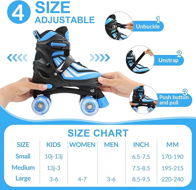 PAPAISON Kids Roller Skates for Boys Girls, 4 Size Adjustable Rollerskates with Light Up Wheels for Kids Ages 4-12
