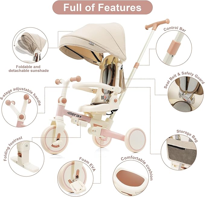 7 in 1 Baby Tricycle Toddler Trike Collapsible Frame Kid Rider Removable Pedal Ages 1Y-6Y