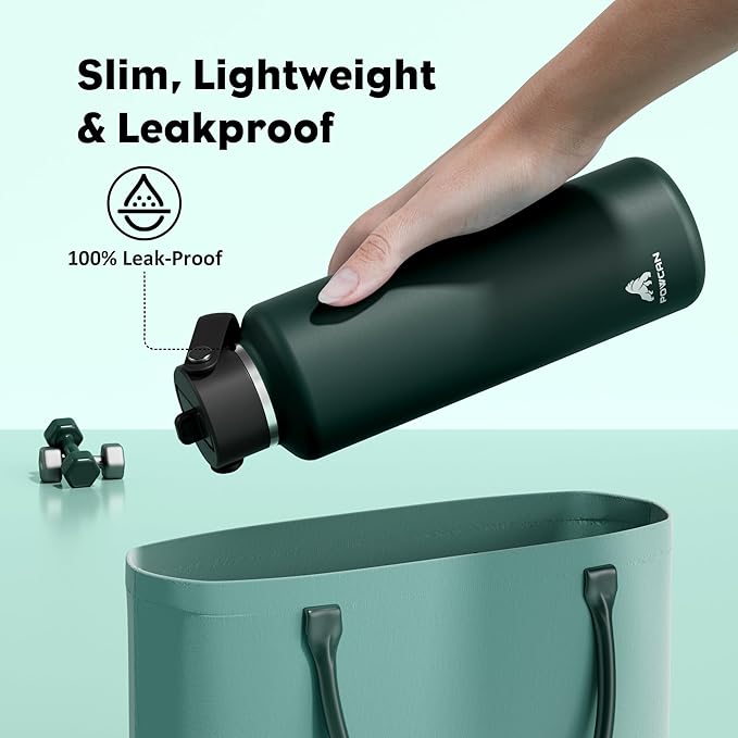POWCAN 24 oz Water Bottle Insulated: BPA-Free, Leakproof Lid with Straw, Lightweight, Flex Cap, Stainless Steel Water Bottle for Sport, Hikig, Office, Commute, Worker, Walking, Cycling (Fir Green)