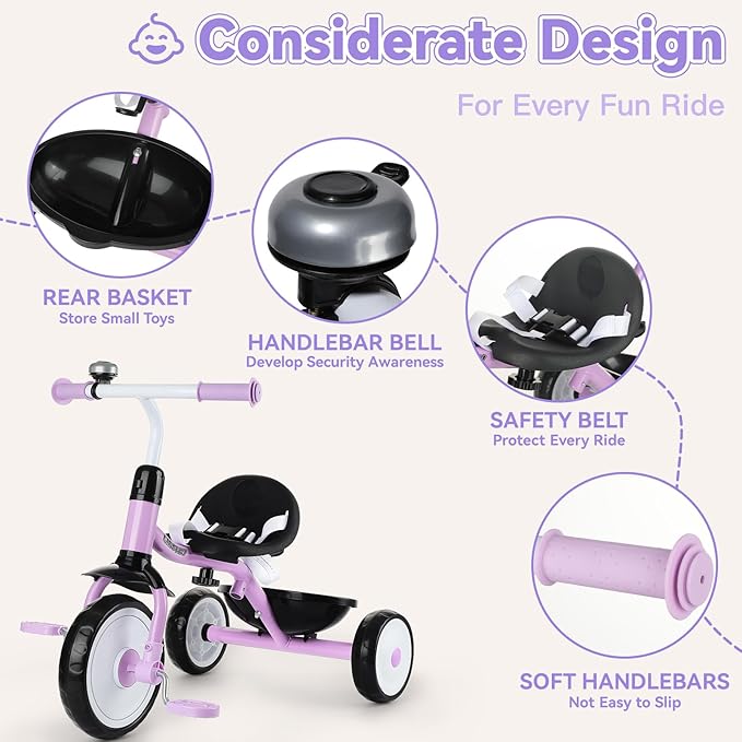 Liberry 2 in 1 Toddler Tricycle Age 2 3 4 Years Old, Kids Trike with Adjustable Push Handle, Bell & Basket, 3 Wheel Bike Riding Toy Birthday for Girls Boys, Purple