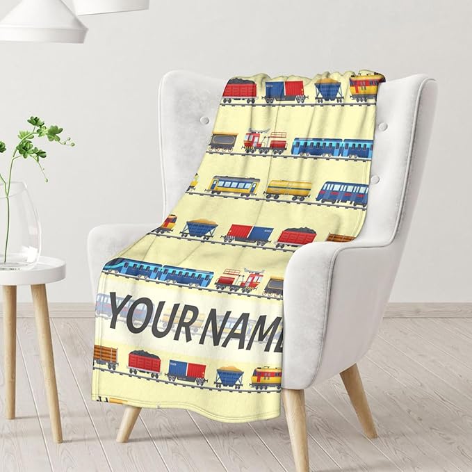 Personalized Train Blanket with Name - Soft, Fuzzy & Warm - 60"x80" Twin Size Blanket for Bed, Couch & Living Room - Yellow Cute Throw Gifts for Boys