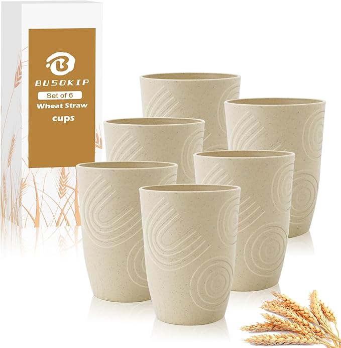 12 oz Wheat Straw Cups Set of 6, Alternatives to Plastic Cups Reusable, Unbreakable Water Cups, Dishwasher Safe Kitchen Cup, Small Water Cups for Kitchen (Beige)