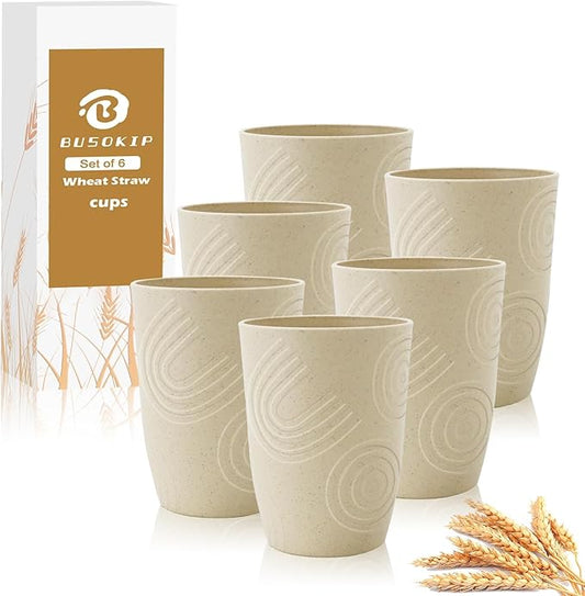 12 oz Wheat Straw Cups Set of 6, Alternatives to Plastic Cups Reusable, Unbreakable Water Cups, Dishwasher Safe Kitchen Cup, Small Water Cups for Kitchen (Beige)