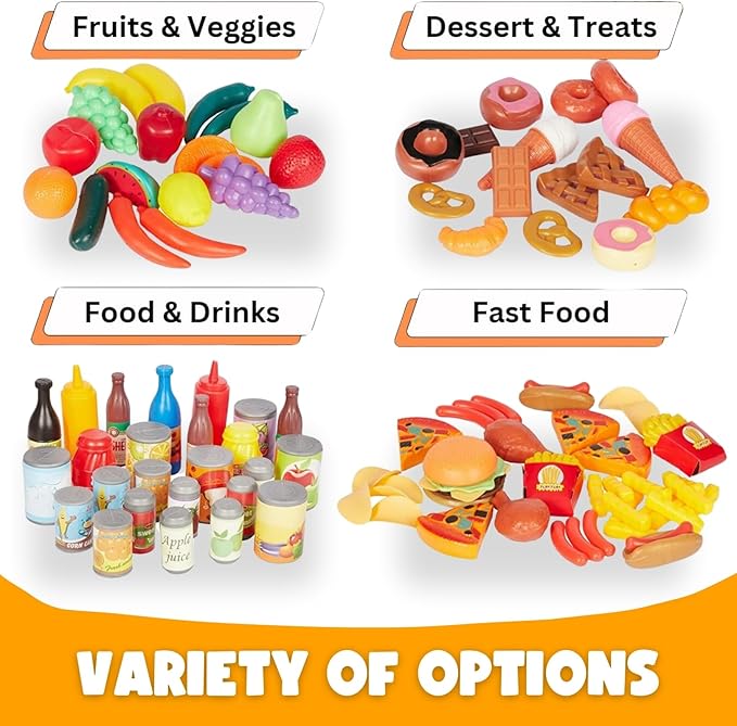 120 Piece Deluxe Pretend Play Food Toy Tasty Treats Plastic Cooking and Grocery Shopping Assortment Set