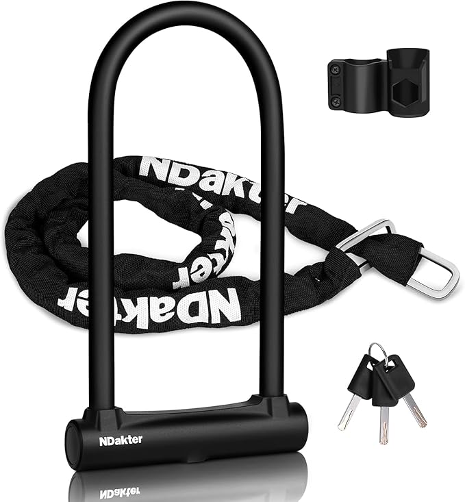 NDakter Bike Locks Heavy Duty Anti Theft, Bike U Lock with 4FT Chain and Bracket,15mm Shackle Electric Bicycle Lock for Scooter, 3 Keys Motorcycle Wheel Lock for Ebike, Moped, Tricycle