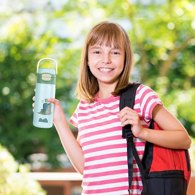 Water Bottle for Kids，Insulated Bottle with Straw, Vacuum Insulated Water Bottle for Boys&Girls, Leak-proof Insulated Tumbler（Green, Dinosaur ）