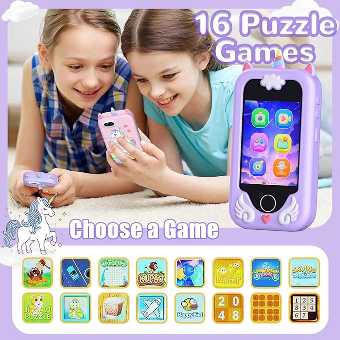 Kids Play Phone, Smart Phone with Dual Camera - Christmas Birthday Gift for Girls Ages 3-10, Toddler Toys Pretend Phone with Music Player, Educational Learning Games with 32GB Memory Card, Purple
