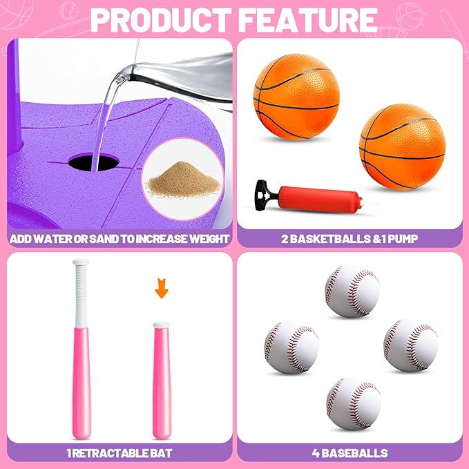 3 in 1 Kids Basketball Hoop and T Ball Set, Adjustable Height Toddler Basketball Hoop, Hanging Tee Baseball, Indoor Outdoor Sports Toys Gifts for Toddlers Boys Girls Ages 3 4 5 Year（Pink