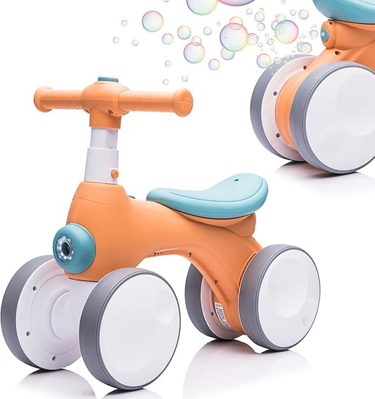 Baby Toddler Balance Bike with Bubble Machine for 1 Year Old Children,4 Wheels Kids Balance Bike w/Bubble Maker,Kids Ride on Toys,Headlight for Ages 12-36 Months Boys Girls (Orange&Green)
