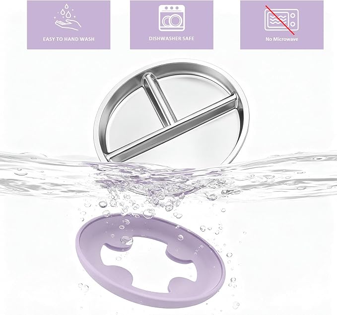 Stainless Steel Baby Plate with Suction, 8” Divided Toddler Plates with Removable Silicone Sleeves for Kids, Non-Toxic Non-Slip Unbreakable Dishwasher Safe Dinnerware Set of 2, Pink & Lilac