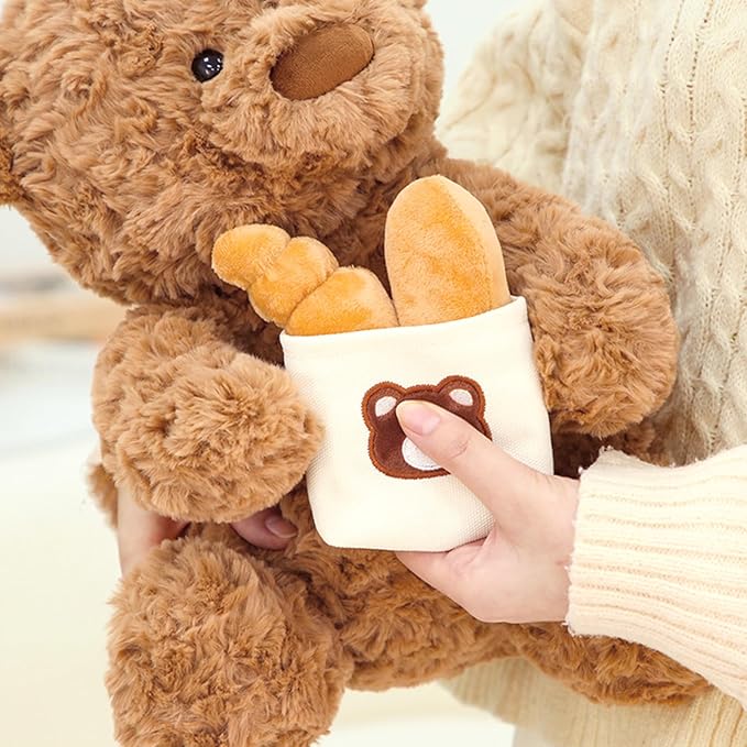 PEACH CAT Chef Teddy Bear Stuffed Animal Holds Toast Bread Bag Cute Bear Plush Soft Plushies Toy Pillow Gifts for Kids Brown 9.8"