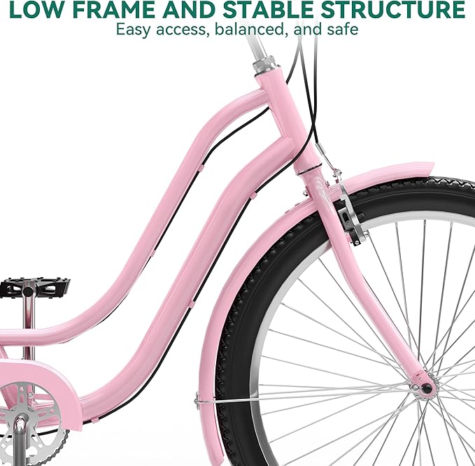 YITAHOME 24 & 26 Inch Beach Cruiser Bike, 7 Speed & Single Speed Commute Bike, Step-Through Bicycle for Adult Women & Men, Steel Frame Cruiser Bike with Full Front & Rear Fenders