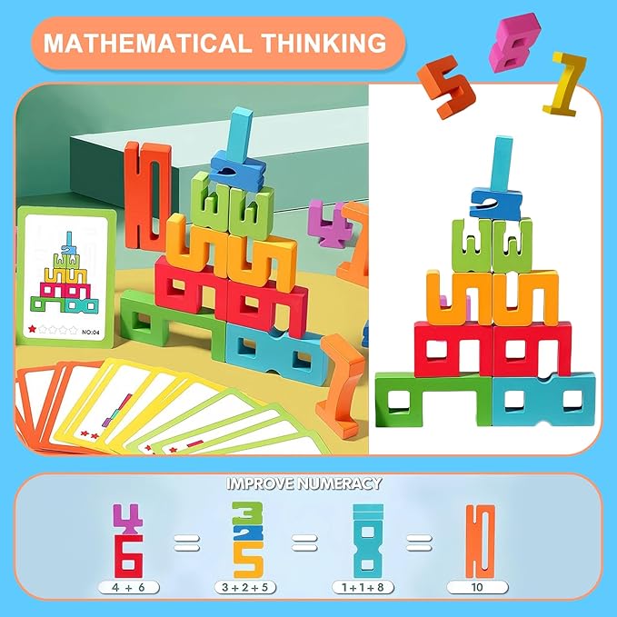 Wooden Number Building Blocks, 1-10 Digital Building Blocks for Kids 3+, Math Learning Tools Digital Blocks Toys, Stacking Blocks Balance Game Toy, Educational Toy Gift for Boys Girls