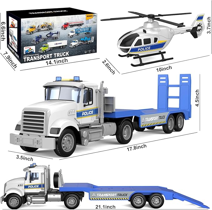 22" Semi Police Truck Toy with Helicopter for Kids Toddlers -Police Car Toys, Birthday for Boy Girl Toddler Child 3 4 5 6 7 Years Old