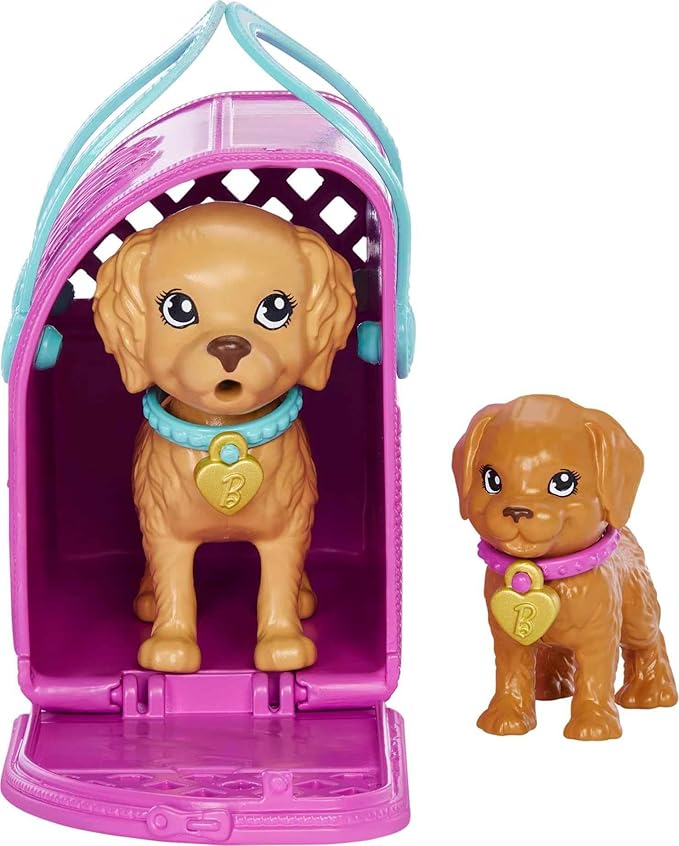 Barbie Pup Adoption Playset with Brunette Fashion Doll in Pink Dress, 2 Pets, Carrier & 10 Accessories, Color-Change Feature