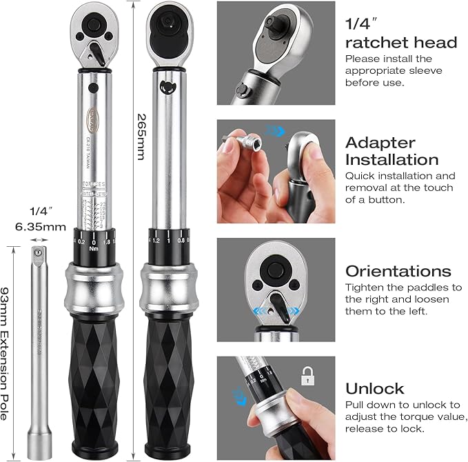 Bike Torque Wrench Set 1/4" Drive Click 1-25 Nm - Bicycle Maintenance Tool Kit for Road/Mountain Bikes - Includes Allen, Torx, Philip, Extended H5 Socket Bit Repair Set, Extension Bar & Storage Box