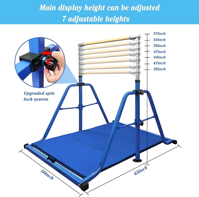 Foldable Gymnastics Kip Bar,Horizontal Bar for Kids,No Wobble Gym Equipment for Home Indoor,3' to 5' Adjustable Height,Gymnasts 1-4 Levels,300 lbs Weight Capacity