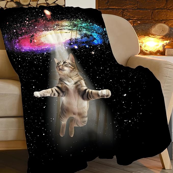 Funny Cat Blanket Cute Cat Lover Gifts Throw Blankets for Girls Boys Adult Women Men Kids Plush Cozy Flannel Fleece Ultra Soft Fuzzy Nebula Galaxy Kitten Party Blanket 80"X60"