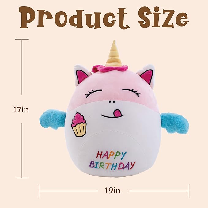 17" Birthday Unicorn Plush Pillow Cute Soft Unicorn Stuffed Animal Pillow Happy Birthday Gifts for Kids Girls and Boys