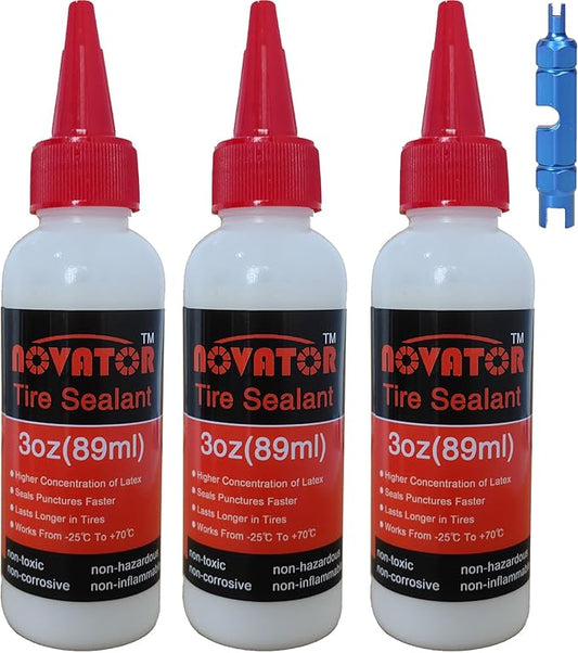 NOVATOR High Performance Bike Tire Sealant for Tubeless, Tubulars, Seals Faster, Lasts Longer, Micro-Fiber for MTB, Road, Gravel, CX Bicycle Tires (3oz.sealant * 3 Bottle+Valve Tool)