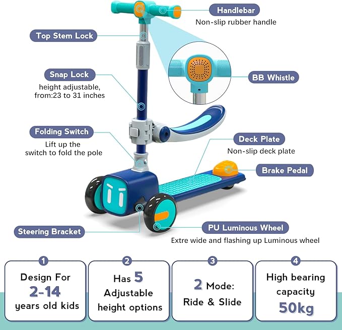 Unbreakable & Never Fall Down 2-in-1 Scooters Kids 3 Wheel Kick Scooter for Boys Girls Ages 3-8, Adjustable Height & Seat, Widened Non-Slip Deck, More Safer for Beginner Toddlers