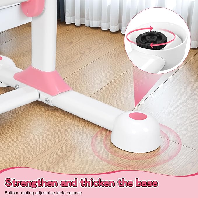 2025 Upgraded Kids Study Desk and Chair Set, 50 Degree Tiltable&Height Adjustable Kids Desk with Storage Drawers and Bookshelf (Pink-New 2)