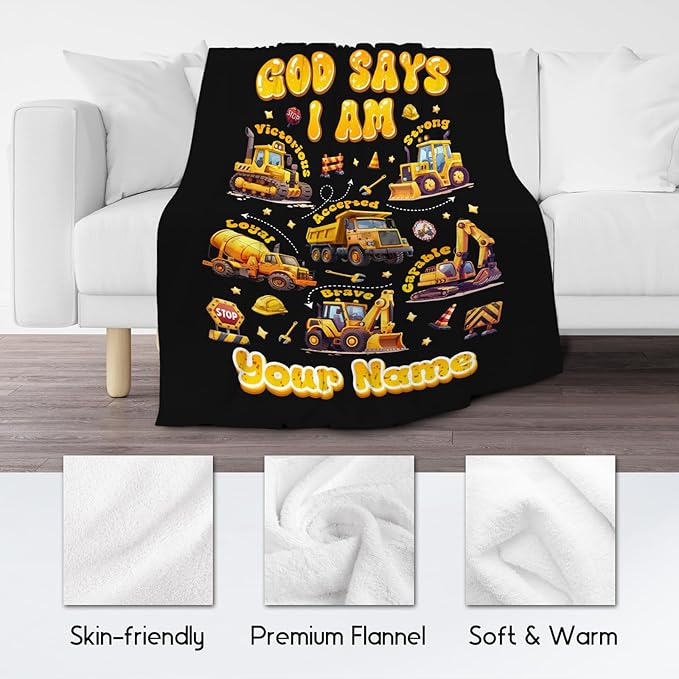 Personalized Truck Throw Blanket for Boys, Car & Bed - 60''x80'', Excavator Theme, Fleece Warm & Cozy