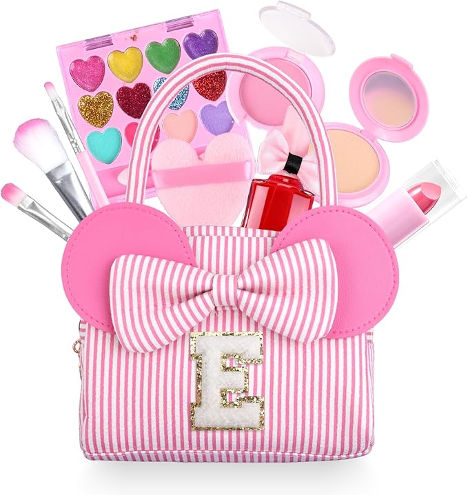 Kids Non Toxic Makeup Sets for Girls Age 3 4 5 6 7 8 9 10 Year Old, Birthday Christmas Valentines Gifts for Girls, Personalized Purse with Toddler Play Pretend Make up kit - E