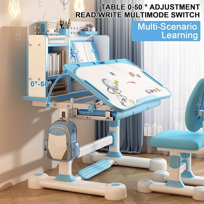 2025 Upgraded Kids Desk and Chair Set, 50 Degree Tiltable&Height Adjustable Kids Desk with Storage Drawers and Bookshelf, Ergonomic Study Table for Kid (Blue-New Type)