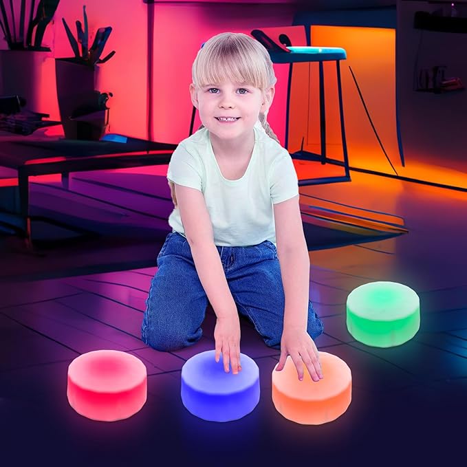 Kids Light Up Stepping Stones - 6 Non-Slip Stepping Stones, Each with 7 LED Light Colors, Indoor Obstacle Training Balance Stepping Stone Toys for Kids Ages 3 and Up.