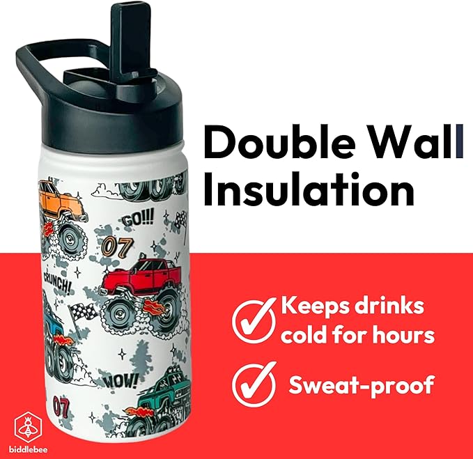 Biddlebee Kids Water Bottle with Straw Lid – 14oz Insulated Stainless Steel Bottle for School – Leakproof Cap with Handle & Touch-Free Spout – For Boys & Girls