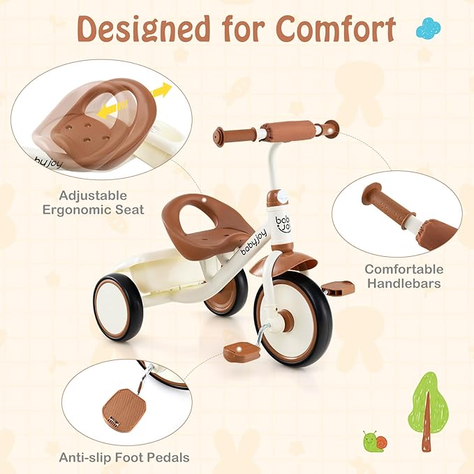 BABY JOY Toddler Tricycle, Kids Trike with Adjustable Seat and Storage Basket for Boys Girls Indoor and Outdoor Riding, Toddler Trike for Baby 3-5 Years Old (Beige)