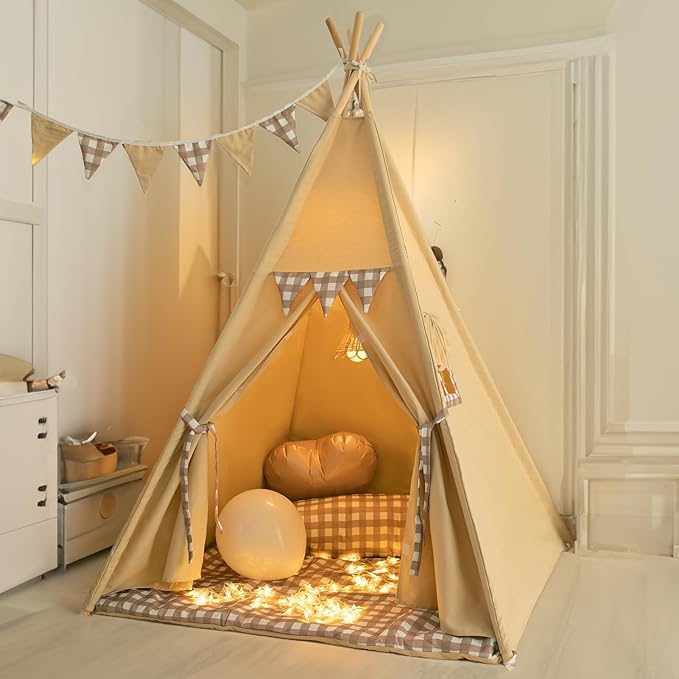 Teepee Tent with Padded Mat Bunting Banner Fairy Lights - Print Gingham Kids Play Tent with Carry Bay for Indoor and Outdoor, Play House Toys for Toddler, Boys and Girls