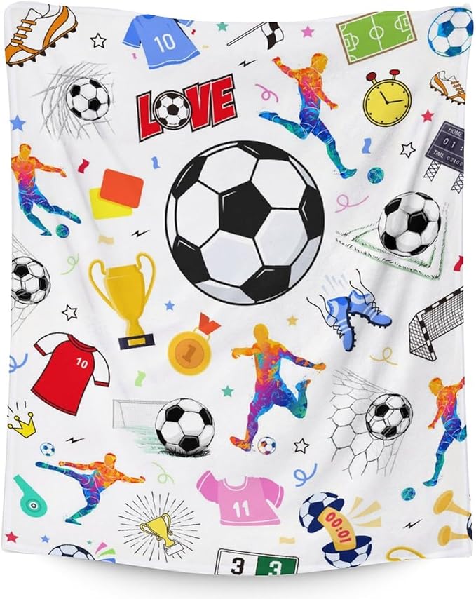 Soccer Blanket for Kids - 30x40 Inches Lap Size - Soft Fuzzy Cozy Throws Gifts for Soccer Players - Colorful Sports Throw Blanket for Couch, Living Room & Office