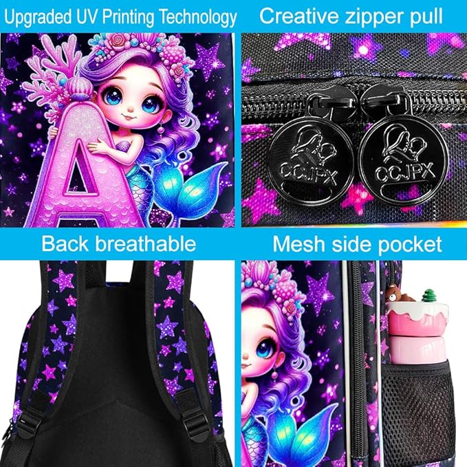 CCJPX 16" Mermaid Backpack for Girls, 3Pcs Kids Bookbag with Lunch Box, Water Resistant Elementary School Bag for Kindergarten Preschool Toddler (Black)