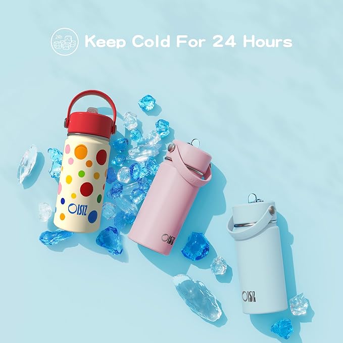 OISIZ Kids Water Bottle with Straw Lid 14oz, Vacuum Insulated 316 Stainless Steel Water Bottles for Kids for School, Leakproof Water Bottle, BPA Free and Keep Cold for 24 Hours
