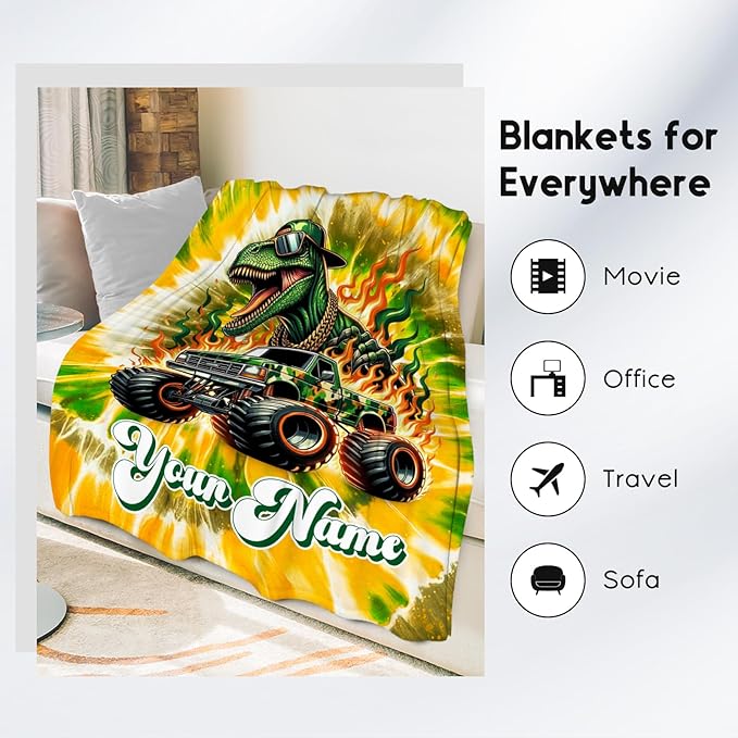 Boys Blanket, Personalized Dinosaur Blankets Gifts for Kids, Custom Tie Dye Throw for Dinosaur Lovers, Soft Fleece Truck Throw for Sofa (4 Sizes)
