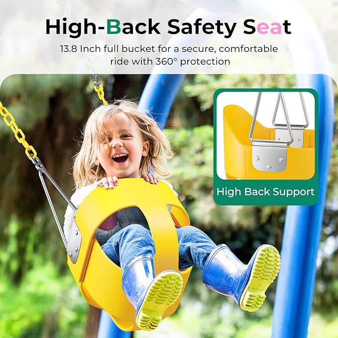 DECORLIFE Toddler Swing - High Back Full Bucket Seat for Ages 1-3, 330lb Capacity, Baby Infant Swing Outdoor with Safety Design, Plastic-Coated Chains, Carabiners for Backyard, Garden-Yellow