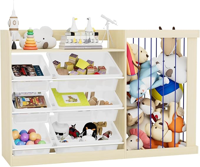 Kids Toy Storage Organizer with 6 Removable Plastic Bins Toddler Montessori Bookshelf with Stuffed Animal Net Holder Baby Bookcase Plush Organizer for Playroom,Bedroom,Kids Room,Classroom