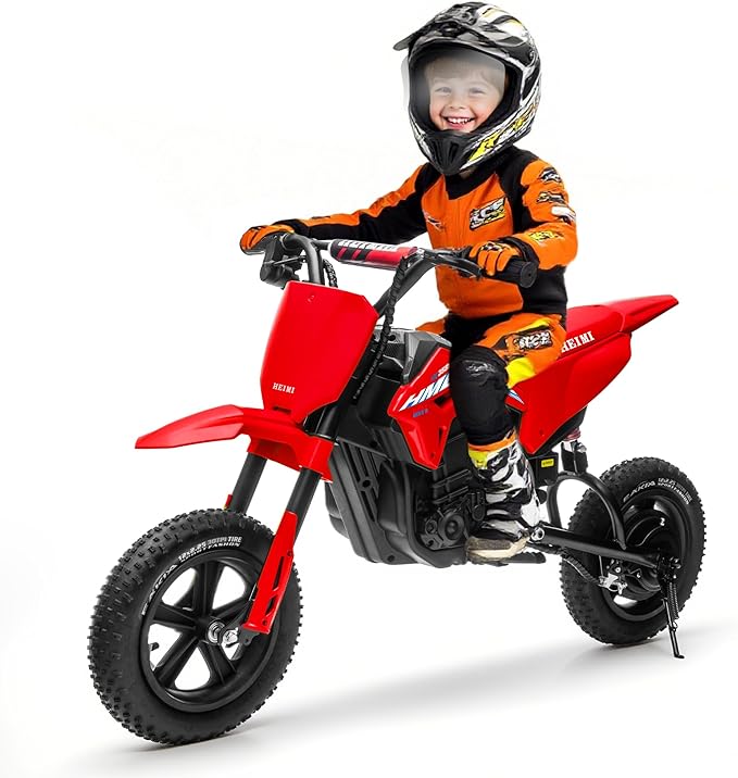 24V Electric Dirt Bike for Kids 6-12- Max 11 MPH & 10 Miles Long-Range, 250W Electric Motorcycle with Twist-Grip Throttle, 12" Knobby Tires, Spring Suspension, Music (Red)