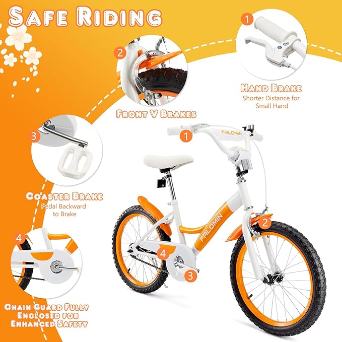 14/16/18 Inch Children’s Bike for Toddlers Kids Ages 3-9, Safe Non-Slip Tires, Removable Training Wheels, Coaster Brake, Easy Assembly, Perfect for Boys and Girls, Orange