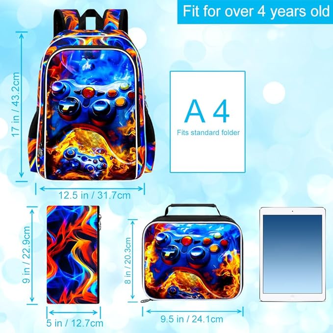 17" Gamer Backpack for Boy, 3Pcs Fire Bookbag for Elementary Preschool Kindergarten, Kids School Backpacks with Lunch Box (Red)