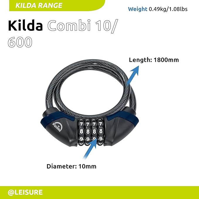 Squire Heavy Duty Bikelock (Kilda Combi) - 4 Wheel Combination Cable Lock - Weatherproof Armoured Steel Combination Bike Lock - Flexible, Tamper Proof Combination Lock All Purpose Use (600 mm)