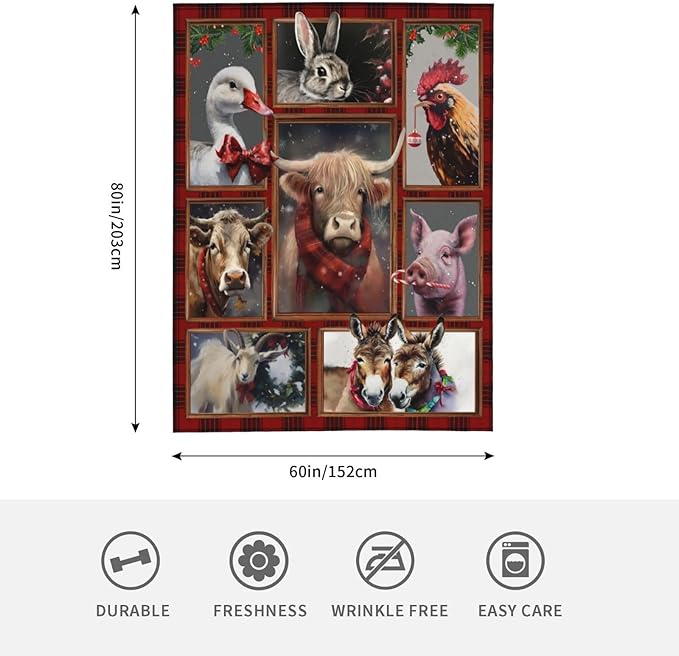 Christmas Blanket Highland Cow Farm Animal Throw Blanket Ultra Soft Cozy Fleece Goat Chicken Goose Duck Pig Donkey Gift Fuzzy Plush Bedding Blankets for Kids Adult Girls Boys Women Men 80"x60"