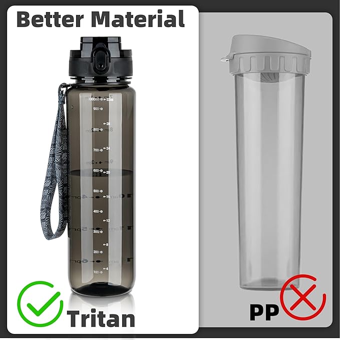 OLDLEY 32 oz Water Bottle, Motivational Water Bottle with Time Marker, Sports Water Bottle With Strap, Leakproof & BPA Free Large Water Bottles for School, Gym, Travel,Tritan, Transparent Black