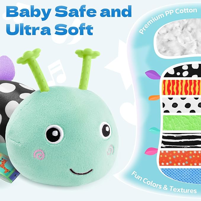 HEMRLY Baby Sensory Toy 0-6 Months, Musical Stuffed Caterpillar Plush with Teether, Crinkle, Rattle, Baby Mirror for Tummy Time, Infant Car Seat Toy for 0-3-6-12 Month Boys Girls Gifts - Leaf Blue