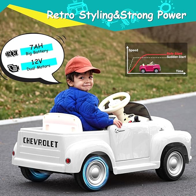 Joywhale 12V Kids Ride on Car Licensed Chevrolet 3100 Pickup Battery Powered Motorized Electric Car, with 7AH Big Battery, 2.4G Remote Control, 3-Speeds, Storage Space, Music, Retro Style, White